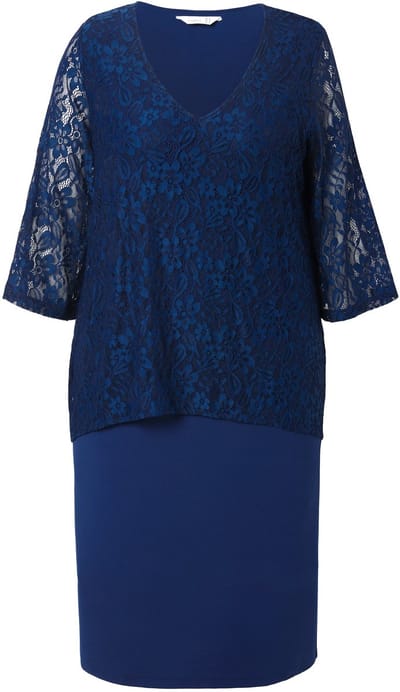 MIAMODA - Dames - Kanten jurk ondoorzichtige jersey onderjurk - Donkerblauw - Maat 50