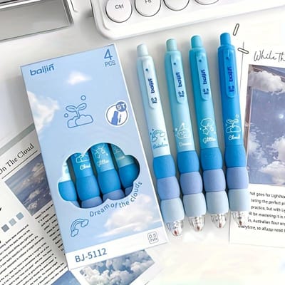 4 Leuke Cartoon Balpennen met Zachte Grip, Intrekbaar 0,5 mm Fijne Punt Zwarte Inkt - Perfect voor School- en Kantoorbenodigdheden blauw
