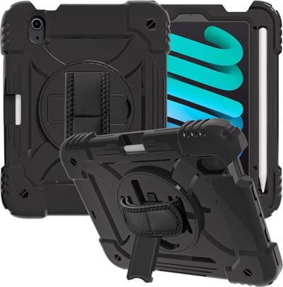 eforyou voor iPad Mini (2021 / 2024) handstrap hoes armor case met nekkoord / schouderriem - Zwart