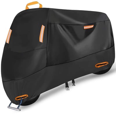 Motorhoes voor Elektrische Motorfietsen - Regen- en Zonbescherming - Buitenhoes voor Toermotorfietsen - Met 4 Oranje Strepen - Geschikt voor Grote Motorfietsen - Maat 4XL 290×105×125 cm - Zwarte Beschermhoes