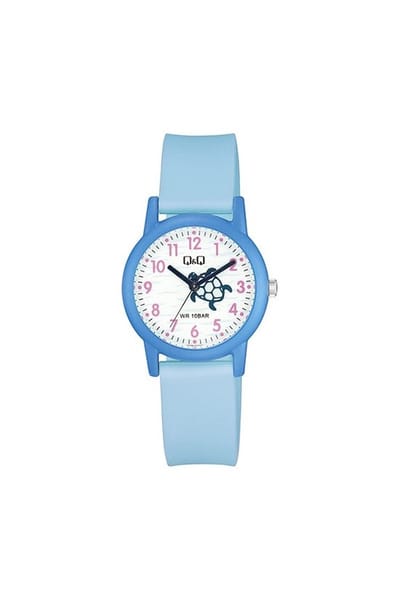 Q&Q V23A-011VY - Horloge - Sport - Analoog - Kinderen - Unisex - Plastic band - Rond - Kunststof - Cijfers - Schildpad - Blauw - LichtBlauw - Wit - 10 ATM