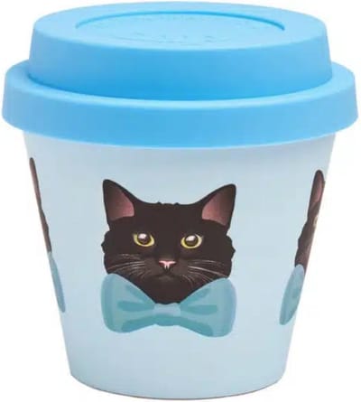 Quy Cup - 90ml Ecologische Reis Beker - Espressobeker “Black Pippo” met licht blauw Siliconen deksel 7x7x7cm