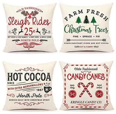 Rustieke kerstboerderij kussensloop 18 x 18 inch – Set van 4 katoenen linnen kussenhoezen voor wintervakantie