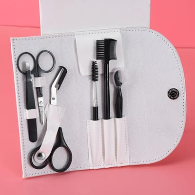 5-Piece Stainless Steel Eyebrow Trimming Set for Men with Scissors Comb and Knife Beginner Makeup Tool gray