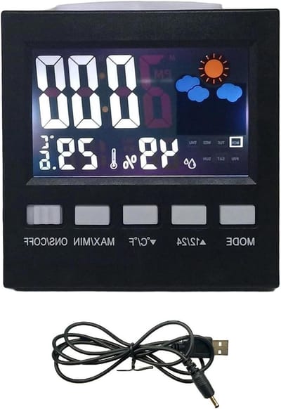 Weerstation met Buitensensor - Digitale Klok Thermometer - Weersvoorspelling Thuis - Groot Kleurendisplay - 14.5 cm - Zwart