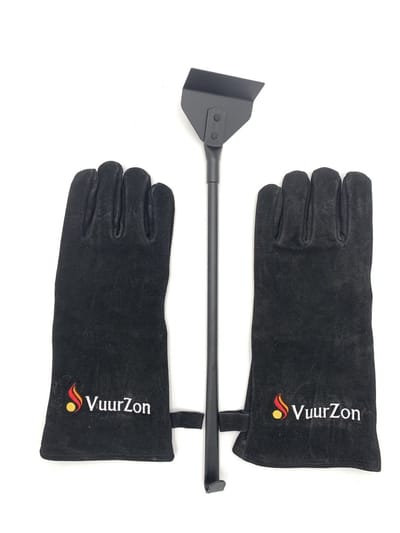Hittebestendige handschoenen + Goldmann asschuiver – luxe haardset voor houtkachel & BBQ – suède leren handschoenen