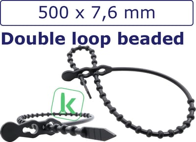 PRO-TIE® - Bundelbanden, Snelbinders Hersluitbaar met dubbele kop, Rattenstaart / Beaded Cable Ties - 500 x 7,6 mm Zwart UV-Bestendig (Zak 100 stuks)