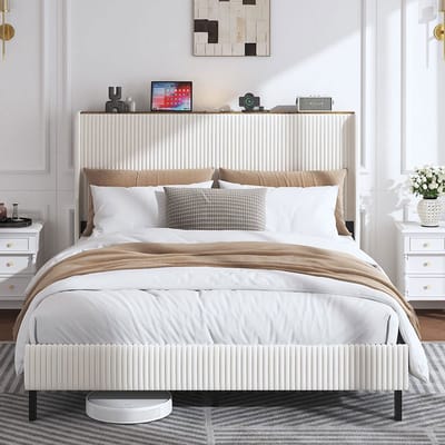 Pugsdrly Bedframe 160*200 gestoffeerd platformbed met stoffen hoofdeinde, ontwerp met gebogen randen/antislip en geruisloos/metalen latten/zonder lattenbodem