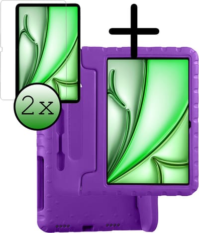 Hoesje Geschikt voor Apple iPad Air 6 (2024) - 11 inch - 6e Generatie - M2 - Met 2x Screenprotector - Kinderhoes Shockproof Bumper - Kidsproof Case - Tablet Hoes - Kinder Hoes Cover - Paars