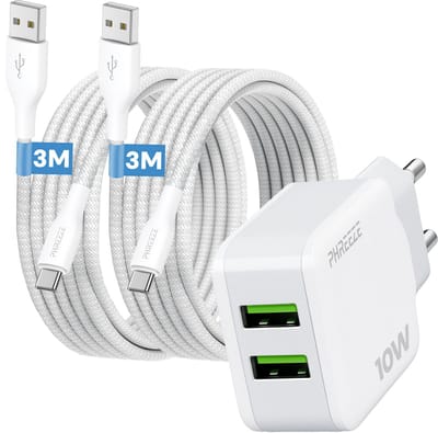 Phreeze usb adapter 2.1 A - Dubbele usb poorten - 10 W oplaadset met 2 usb A naar usb C kabels 3 m - Voor telefoon en speaker