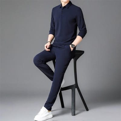 Herfst Nieuw Herenkostuum Sportief Casual Herfstkleding Middelbare Leeftijd Effen Kleur Revers Lange Mouwen Tweedelig Herenkostuum 4XL