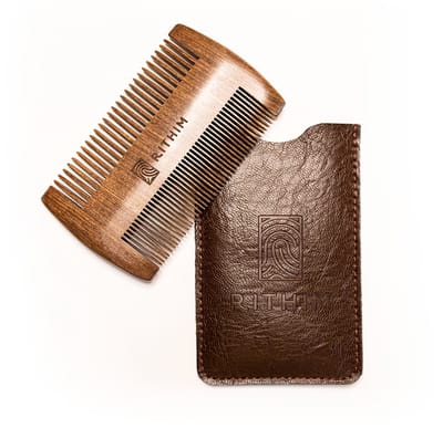 Rithim® Baardkam van Kersenhout - PU-leren etui - Dubbelzijdig baard kam - fijn en grof - Antistatisch - Anti-Klit - Beard comb - Baardverzorging