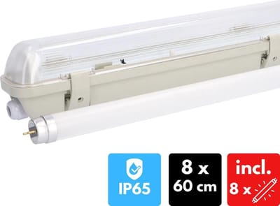 Proventa EcoPlus LED TL armatuur incl. buis 8 x 60cm - Voordeelverpakking - IP65 - Tl-buizen - Tl-armaturen - Tl-verlichting