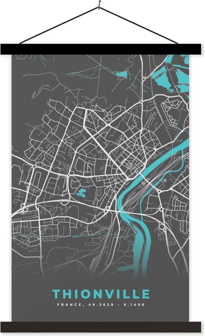 Posterhanger incl. Poster 40x60 cm - Schoolplaat - Plattegrond - Kaart - Stadskaart - Frankrijk - Thionville - Textielposter - Zwarte latten - Stadskaart