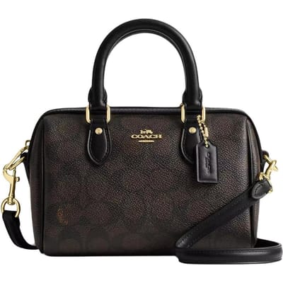 Coach Rowan 18 Klassiek Monogram Print Ritssluiting Gecoat Canvas Schouder Crossbody Tote Tas Kleine Dames tassen Bruin CW329-IMXAQ Gift Set (Box+Pocket Mirror) black