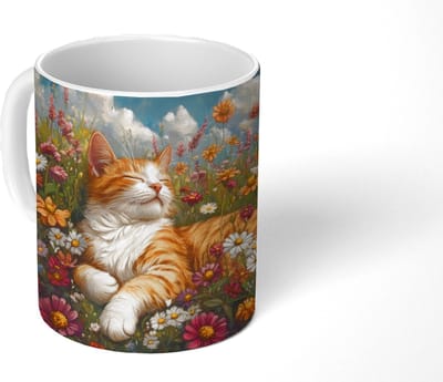 Mok - Koffiemok - Kat - Bloemen - Ontspannen - Mokken - 350 ML - Beker - Koffiemokken - Theemok