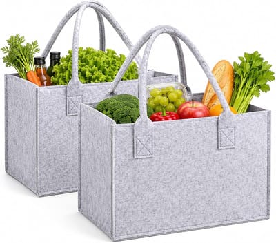 Set van 2 vilten tassen, shopper, 30 x 20 x 18 cm, kleine vilten mand met handvat, opvouwbare boodschappentas voor winkelen, opslag en auto, mandtas, lichtgrijs