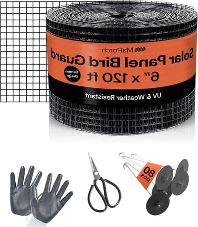 MAPORCH 6 "x120FT Zonnepaneel Vogeldraad Schermbescherming Kit, Zwart PVC gecoate gegalvaniseerde stalen rol met 60 Bevestigingsclips en een tang, een paar handschoenen inbegrepen
