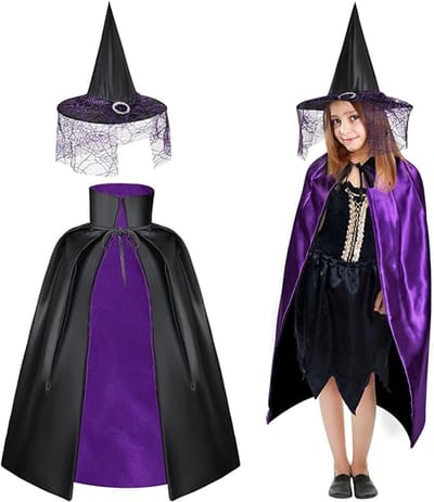 Halloween-halloween kostuum-halloween kostuum kind-Heksenkostuum voor kinderen - Halloween heksenkostuum met kap en cape - paarse omkeerbare cape met kap - Heks Halloween kinderkostuum voor gemaskerd bal rollenspel kostuum - 80x104cm