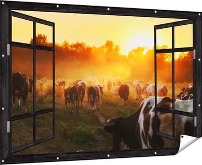 Gards Tuinposter Doorkijk Kudde Koeien in Weiland bij Zonsondergang - 180x120 cm - Tuindoek - Tuindecoratie - Wanddecoratie buiten - Tuinschilderij