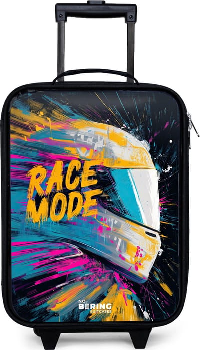 NoBoringSuitcases.com® - Kinderkoffer jongen - Kindertrolley meisje - Racehelm - Verfspatten - Penseelstreken - Race mode - Koffer kind lichtgewicht - Reiskoffer trolley voor kinderen - Koffertje met lichtgevende wieltjes - Rolkoffer zwart