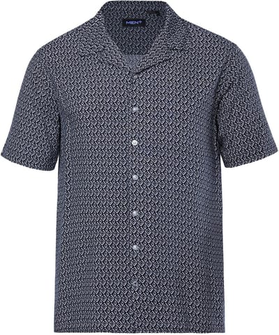 Men Plus - Heren - Overhemd korte mouwen minimalistisch patroon Cubaanse kraag - Navy blauw - Maat L