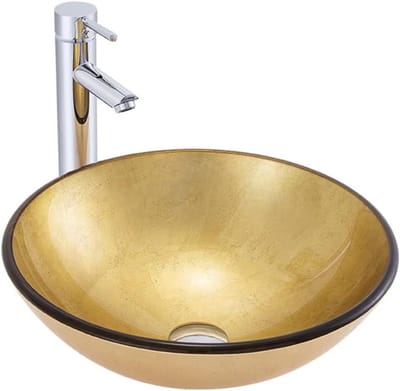 Glazen Wastafel - Waskom Set - Badkamer Vernieuwen - Gehard Glas - 42x42x145 cm - Geel