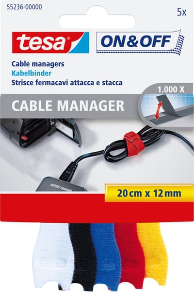 Kabelmanager tesa® On & Off 12mmx20cm diverse kleuren 5 stuks