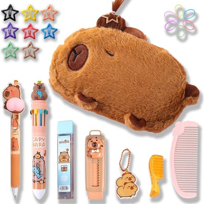 Namajunas - Capibara etui - Pennenzak - Jongens en Meisjes - Etuis voor school - Capybara Knuffel - Schrijfgerei set met haarstijl decoratie kit - Grote capaciteit schoolspullen tas, 10-kleuren pen & potlood Capibara Capybara cadeau