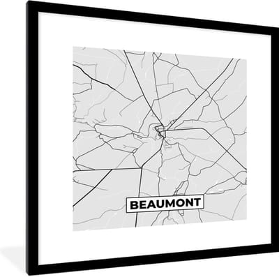 Fotolijst incl. Poster Zwart Wit- Stadskaart – Plattegrond – België – Zwart Wit – Beaumont – Kaart - 40x40 cm - Posterlijst