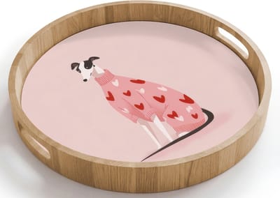 Dienblad rond 40x40 cm - Schootdienblad hout - Hond - Hartjes - Roze - Borrelplank rechthoek - Plateau houten dienbladen
