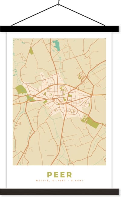 Posterhanger incl. Poster 40x60 cm - Schoolplaat - België - Kaart - Plattegrond - Stadskaart - Peer - Textielposter - Zwarte latten - Stadskaart