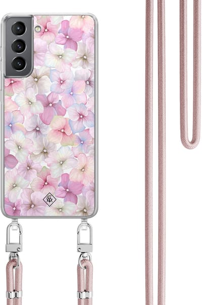 Casimoda® hoesje met rosegoud koord - Geschikt voor Samsung S21 Plus - Hortensia - Afneembaar koord - TPU/polycarbonaat - Paars