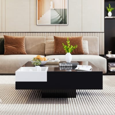 Design salontafel in wit en zwart – Hoogglans woonkamertafel met afneembare opbergbox en sfeervolle LED-verlichting, 72×72×30 cm