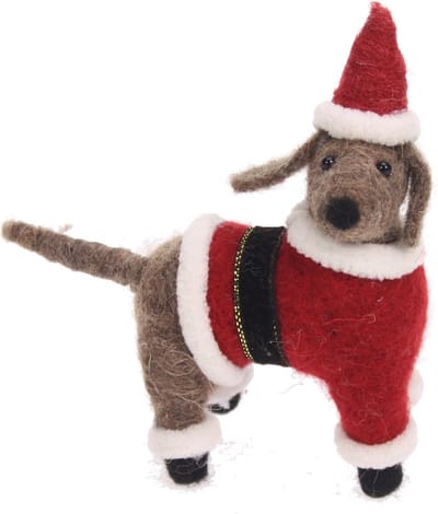 Hond bruin met kerstmuts/kerstpak vilt 12x4,5x13cm