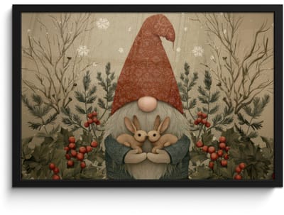 Poster in lijst - Fotolijst 60x40 cm - Posters - Kerstgnome - Konijntjes - Kleurrijk - Posterlijst zwart - Decoratie - Wanddecoratie woonkamer - Muurdecoratie slaapkamer - Kerstversiering - Kerstdecoratie voor binnen - Kerstmis