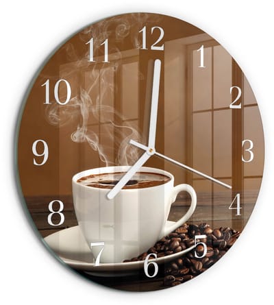 Tulup Wandklok - Koffie Wandklok Glas Met Motief - 30fi cm - Bruin Decoratieve Glazen Klok - Witte Handen - Ronde Wandklok - Glazen Klok Met Print - Wandklok Glas Met Motief