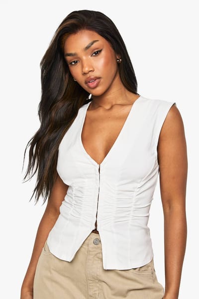 boohoo Dames Bengaline geplooide mouwloze haak-en-oog top | White | Maat: 6