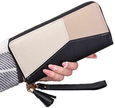 Dames portemonnee - Damesportemonnee met ritssluiting en telefoonvak - Portefeuille dames - Meerdere vakken en compartimenten - Portemonnee dames leer – Cadeau - Zwart - LOUZIR