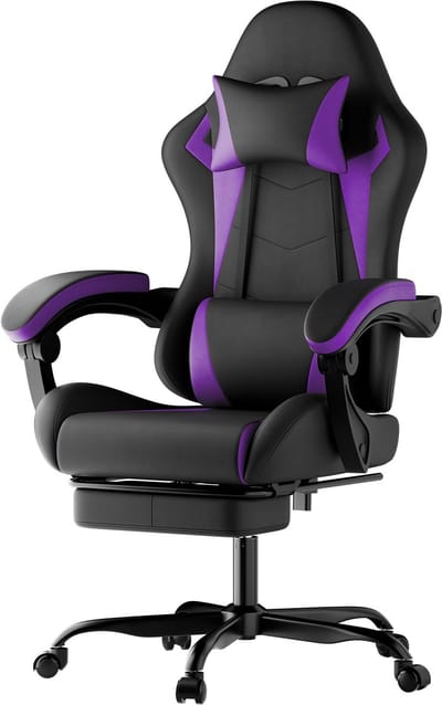 Gamingstoel - ROLIPO - Ergonomische Gamestoel - Gaming Chair - Bureaustoel Gaming - Verstelbaar - Met Hoofdsteun, Lendenkussen, Meebewegende Armleuningen & Uitschuifbare Voetsteun - Zwart/Paars - 58,5 x 63 x 120,5 cm