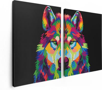 Artaza Canvas Schilderij Tweeluik Gekleurde Wolvenkop - Wolf - Abstract - 120x80 - Foto Op Canvas - Canvas Print