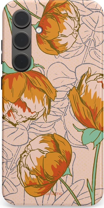 Casetastic hoesje geschikt voor Samsung Galaxy S24 Plus - Dubbellaagse bescherming - Lente pioenroos - Fashion Case - Zand Zilver Okergeel Terracotta