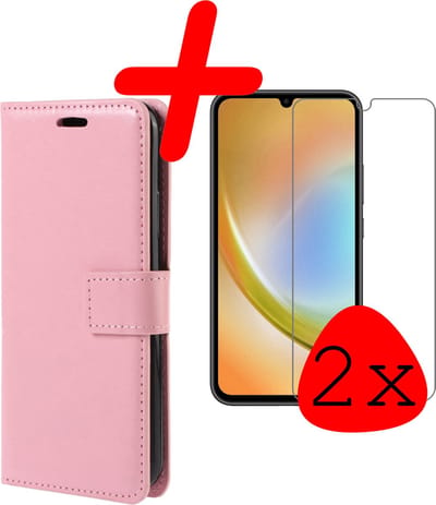 Hoesje Met 2x Screenprotector - Geschikt voor Samsung Galaxy A34 - Luxe Pasjeshouder - Bookcase Portemonee - Flip Case - Kunstleer Book Case - Flipcase Hoes - Book Cover - Walletcase - Portemonneehoes - Lichtroze