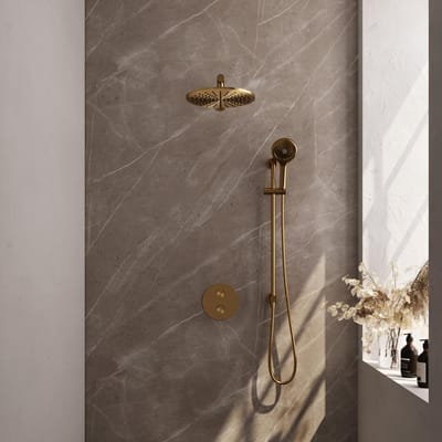 Brauer Gold Edition thermostatische inbouw regendouche 3-weg rond SET 92 met 30 cm douchekop en rechte muurarm en 3-standen handdouche en doucheslang en geïntegreerde glijstang goud geborsteld PVD
