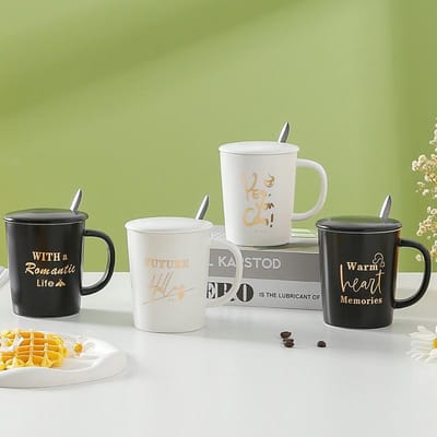 Ménage Anglais Ensemble Simple Tasse avec Couvercle Cuillère Tasse en Céramique Étudiant Tasse à Eau Cassée Tasse Style Ins Cadeau 350ML white