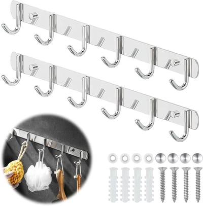 Set van 2 Wandhaken voor Kleding, 31 cm Haaklijst voor Keuken, Badkamer en Hal met 6 RVS Haken voor Jassen en Accessoires