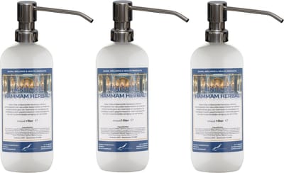 Handzeep Hammam Herbal 1 liter - set van 3 stuks - met gratis RVS zilverkleurige pomp - Voordeelverpakking