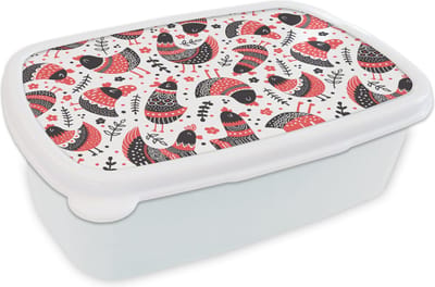 Broodtrommel Wit - Lunchbox - Brooddoos - Vogel - Kip - Patroon - 18x12x6 cm - Volwassenen