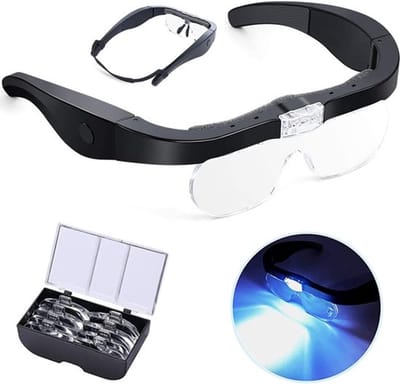 Hoofd-vergrootglas met 2 ledlampen, oplaadbaar via USB, led-vergrootglas, handsfree voor hobby's, lezen, handwerk, naaiwerk, 4 afneembare lenzen, 1,5-voudig, 2,5-voudig, 3,5x vergroting