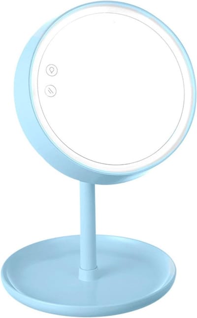Verlichte make-upspiegel met led-verlichting, tafelspiegel met lampje, draagbare make-upspiegel met licht, schattige make-upspiegel met opbergvak, 360 ° rotatie, touchscreen, blauw